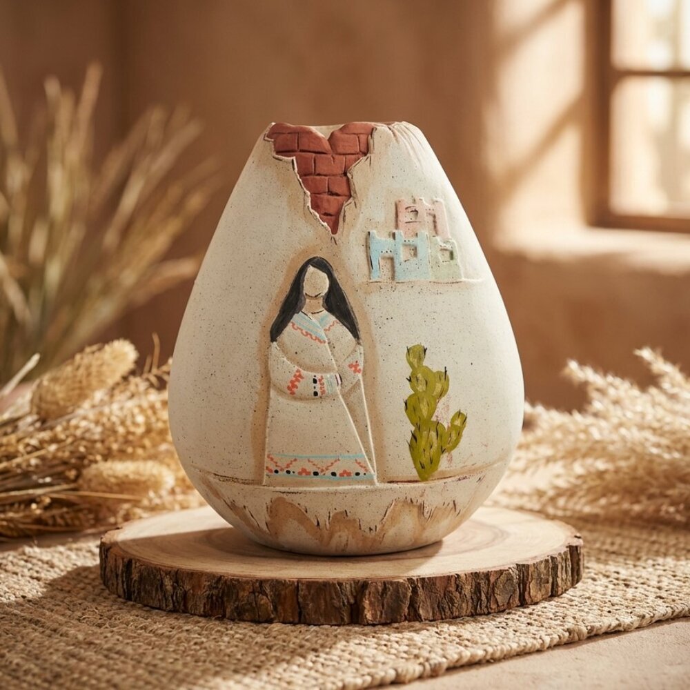 VTG Hand-painted Ceramic Pottery Vase Desert Scene & Motifs Tonala Art Style